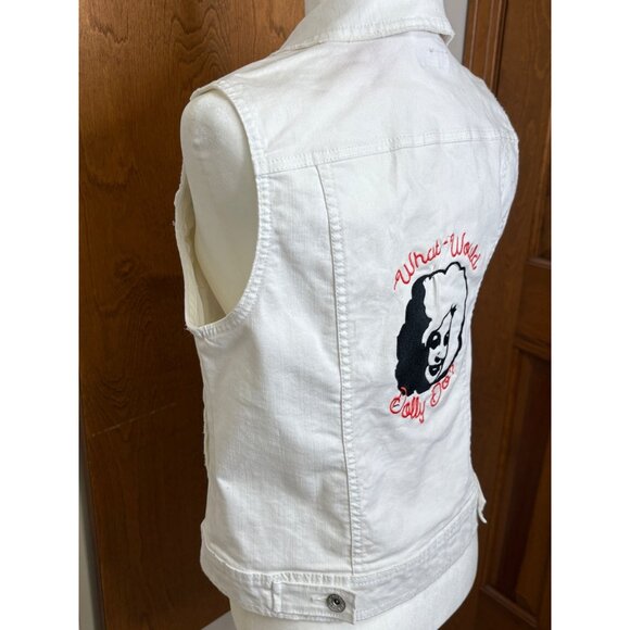 White Denim Vest "What Would Dolly Do?" Embroidery On Back Sleeveless Size M - Picture 11 of 16